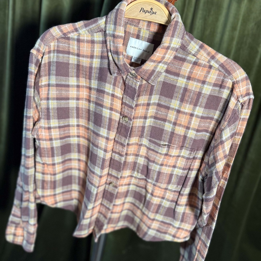 American Eagle Cropped Flannel Shirt Plaid Brown Orange XS Boxy Fit Grunge